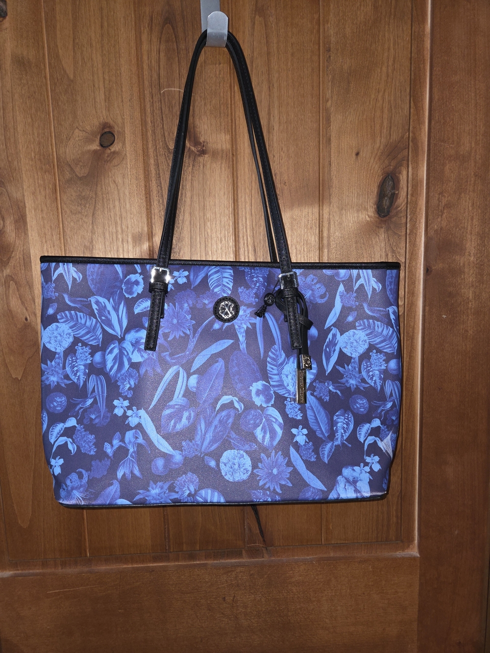 Blue Floral Tote Bag with Black Straps - Designer Style